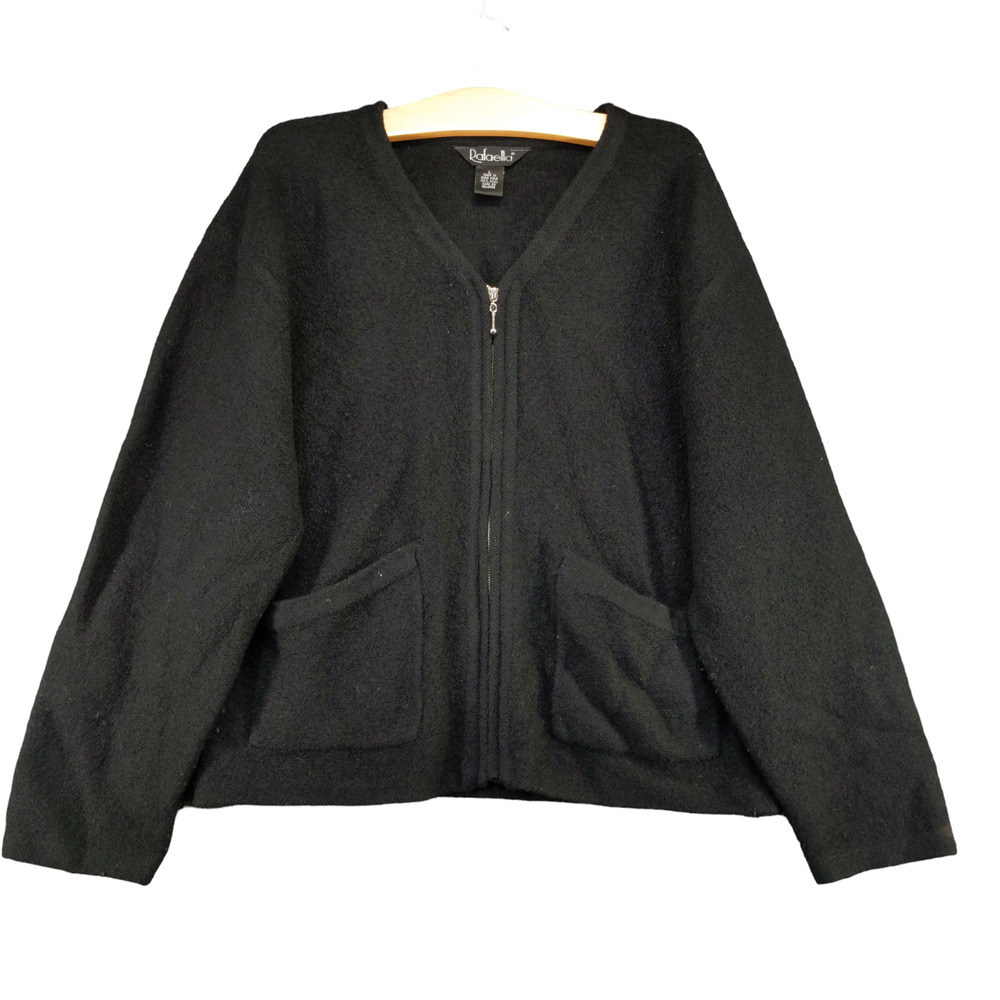 Rafaella Women's Full Zip Cardigan Knit Sweater Black Large V-Neck Pockets Wool
